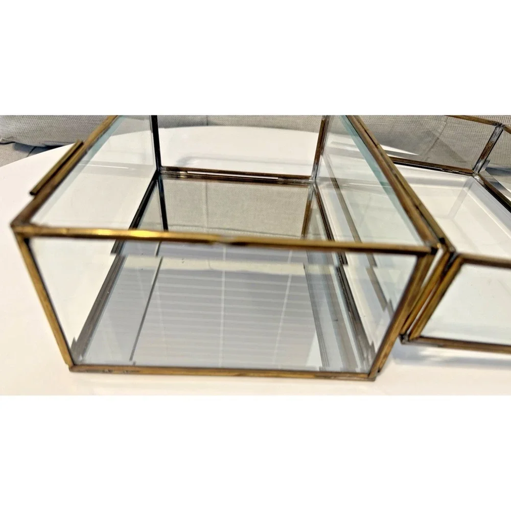 Vintage Enesco Glass Brass Large Curio Trinket Jewelry Box Display